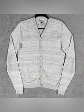 SNS Herning‎ V-Neck Cardigan Sweater Men's Small Gray Striped Mercerized Cotton